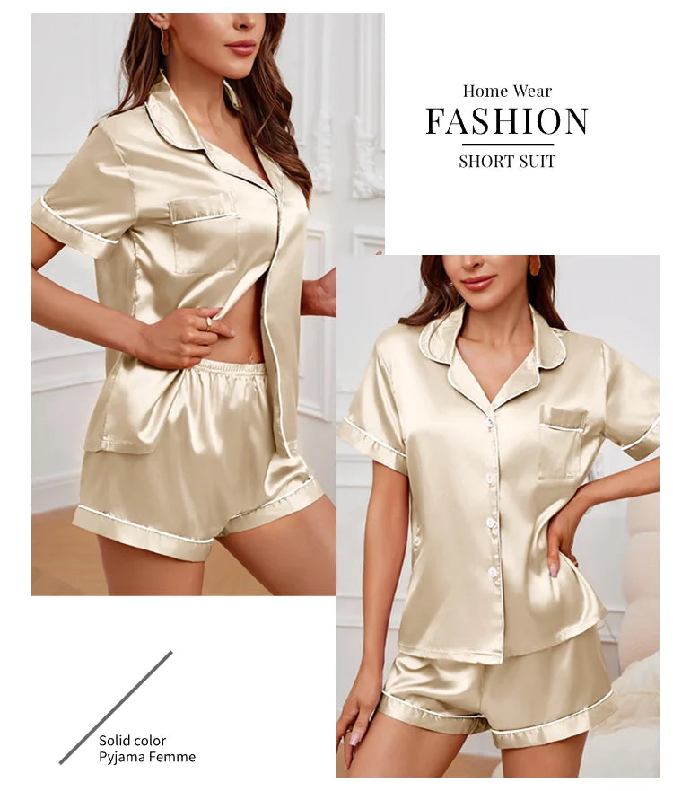 Conjunto de pijama de satén de seda para mujer, Top con botones y pantalones cortos, ropa de dormir con cuello con muescas, ropa de dormir de verano, 2 piezas