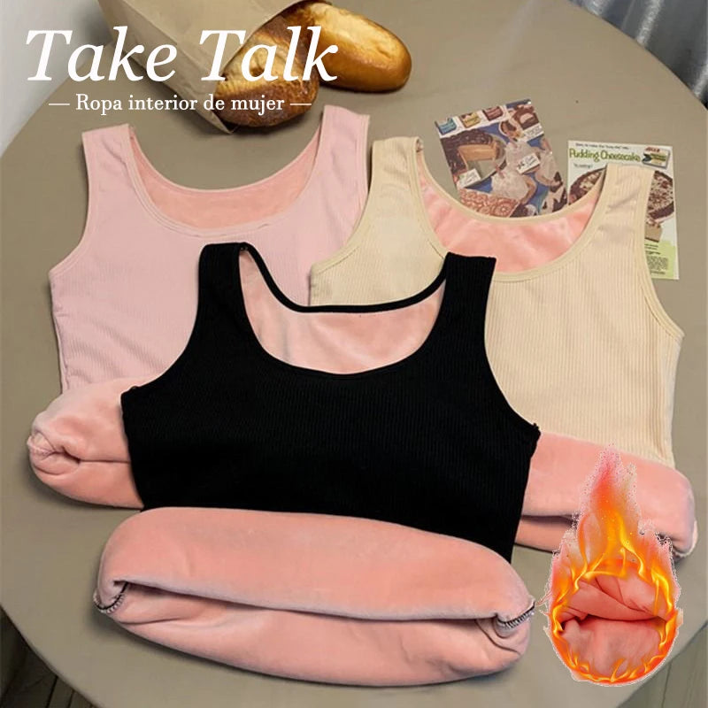 Ropa interior térmica de invierno para mujer, Top sin costuras, camisa de terciopelo, chaleco sin mangas, camiseta interior cálida para mujer, lencería Sexy de Color sólido
