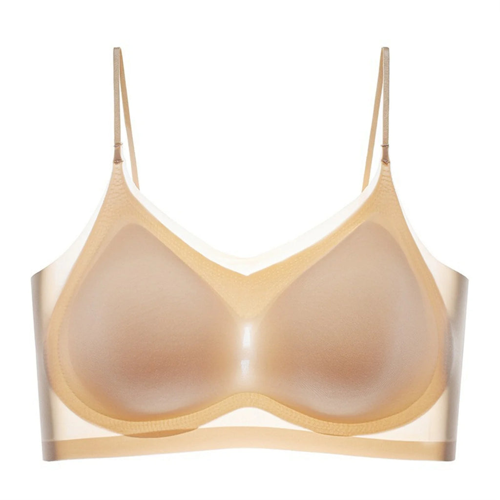 Sujetador superior de seda de hielo transpirable ultrafino para mujer, chaleco Halter con espalda sin costuras, sujetador envolvente, pecho pequeño juntos