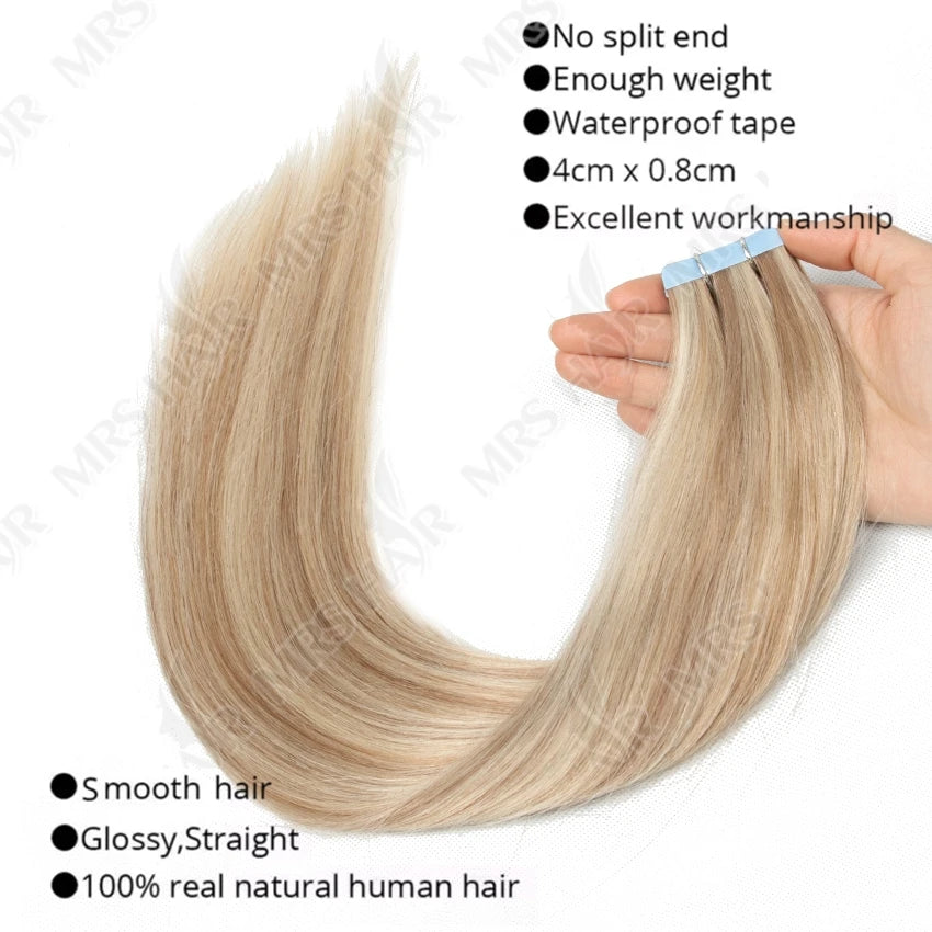 MRSHAIR cinta en extensiones de cabello cabello humano Rubio cinta sin costuras extensiones de cabello 4x0,8 cm trama de piel cinta de PU en el cabello 20 piezas 12 "-24"