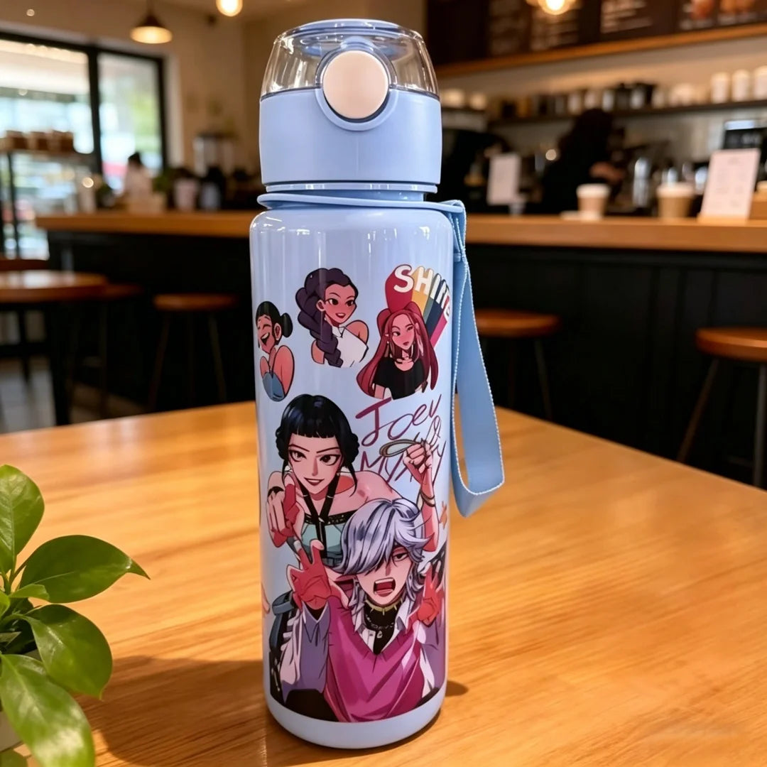 Botella de agua con figura de dibujos animados, taza portátil con pajita para exteriores para niños, deportes de verano para niñas, a prueba de fugas, linda