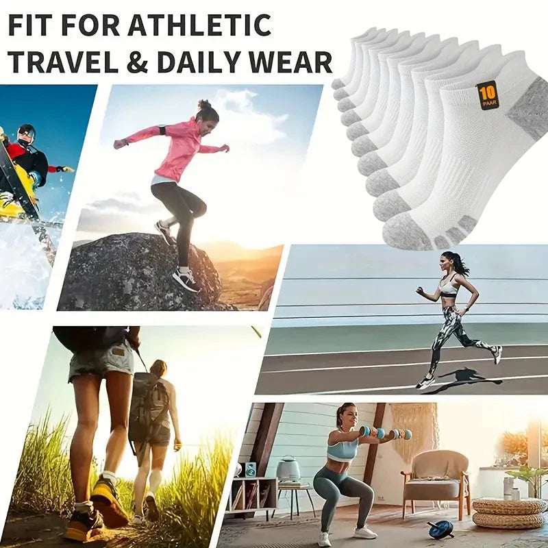 10 pares de calcetines deportivos de corte bajo de Color sólido para hombre, calcetines informales reforzados resistentes al desgaste que absorben el sudor, malla transpirable para todas las estaciones