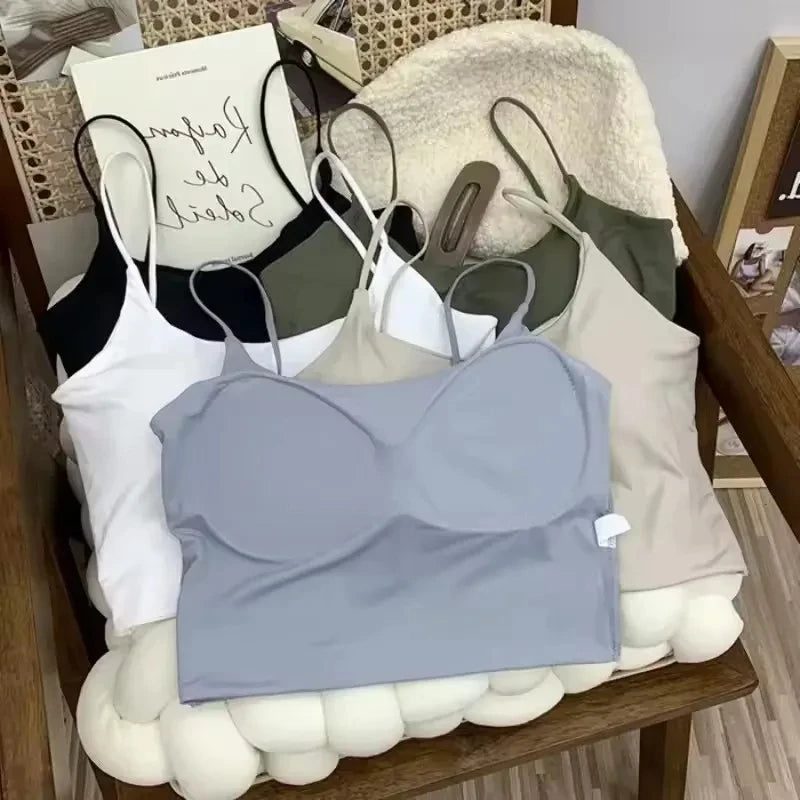 Top con sujetador de verano para mujer, Top corto de seda helada, Tops de tubo sin costuras, camisola, ropa interior, moda coreana, Bralette con relleno liso, chaleco