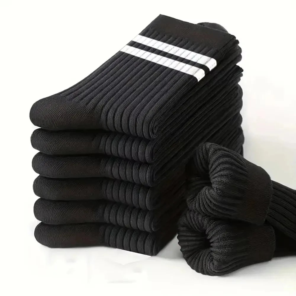 6/10 pares de calcetines para hombre, calcetines sencillos informales a rayas blancas y negras para primavera y otoño, calcetines transpirables de tubo medio, calcetines de cuello redondo de alta calidad