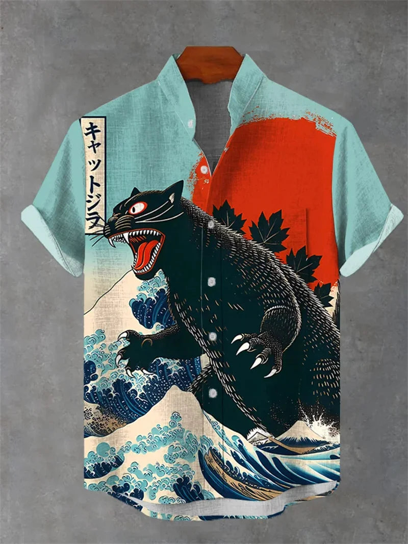 camisa de hombre estampado 3D gato con diseño de monstruo en fondos marinos y colores vibrantes.