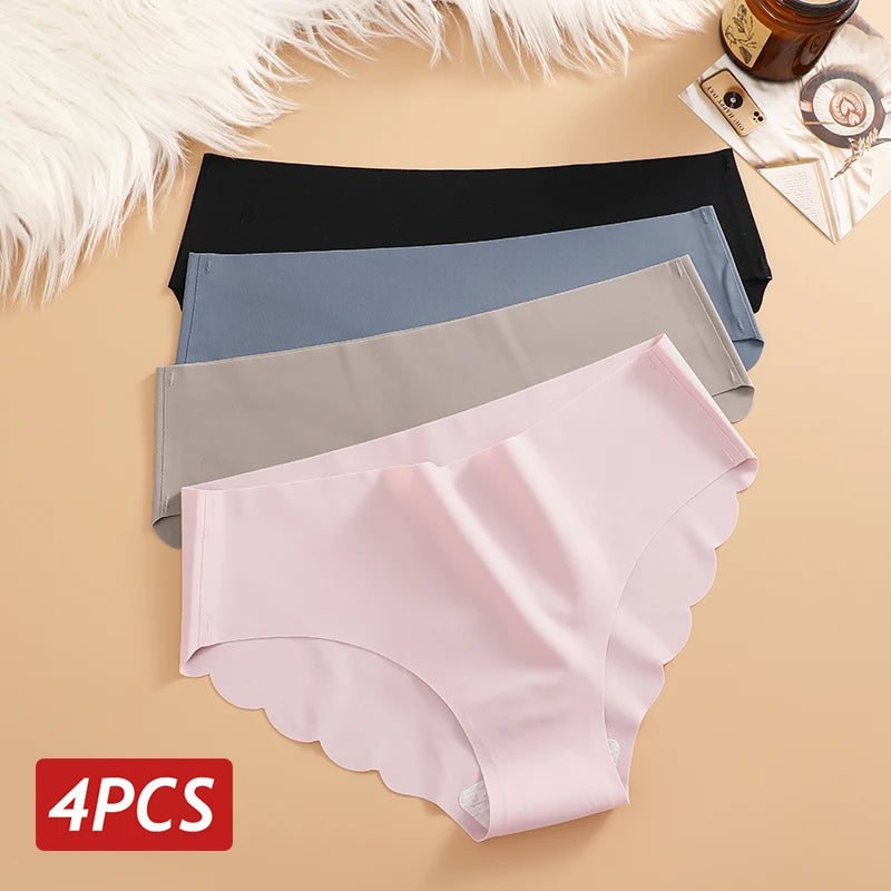 Bragas sin costuras de seda de hielo, 4 unidades/juego de bragas para mujer, ropa interior elástica de Color sólido, bragas laterales onduladas ultrafinas sin rastro