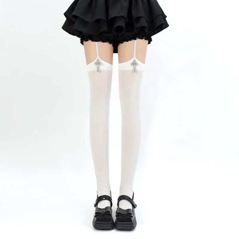 Calcetines con tirantes para mujer, decoración cruzada con personalidad, Color sólido, fino hasta el muslo, Cosplay de Anime Lolita, medias góticas por encima de la rodilla