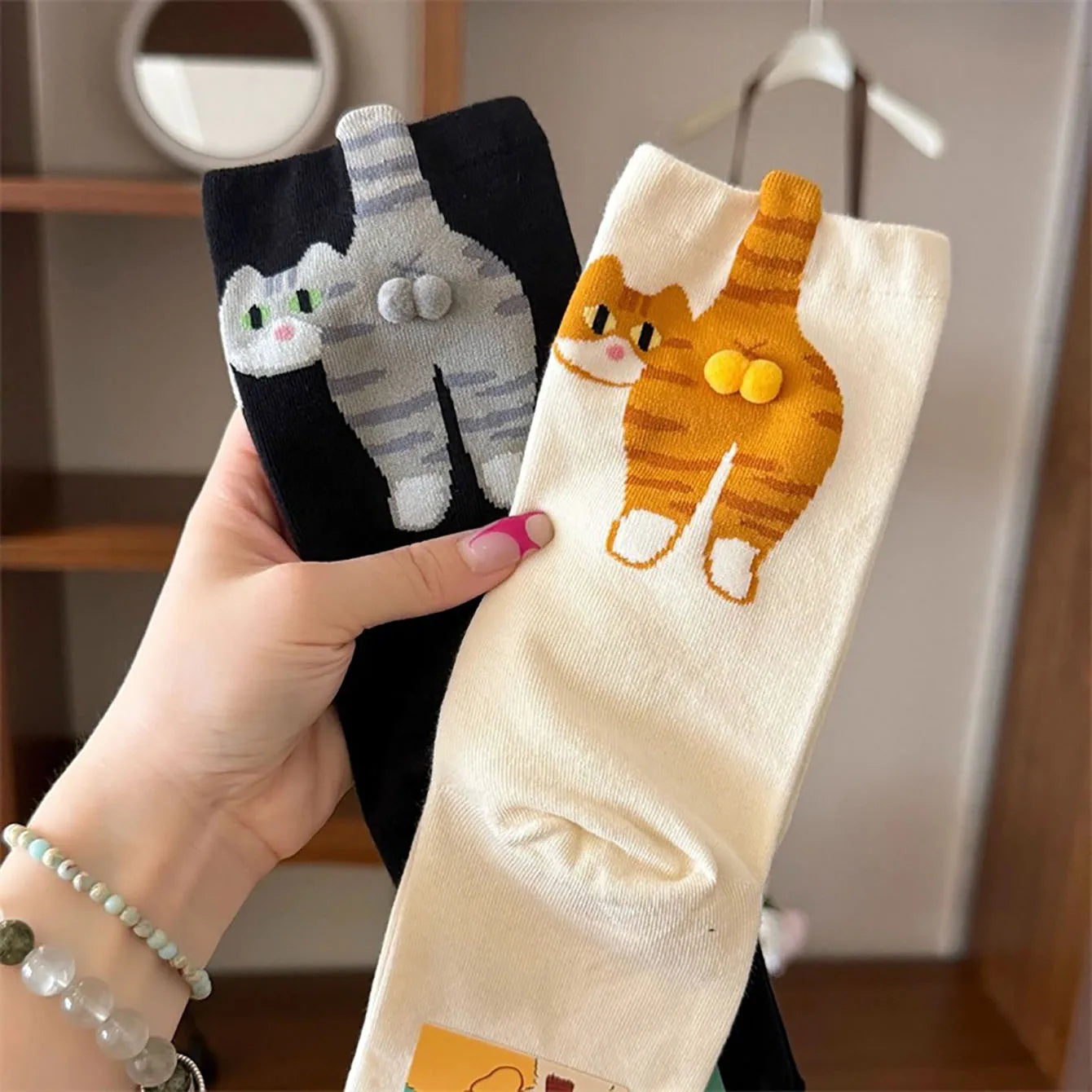 Calcetines Divertidos con Diseño de Gato, Negros/Blancos, Transpirables, Suaves, para Mujer, Novedad, Regalo Kawaii