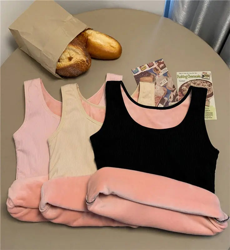 Ropa interior térmica de invierno para mujer, Top sin costuras, camisa de terciopelo, chaleco sin mangas, camiseta interior cálida para mujer, lencería Sexy de Color sólido