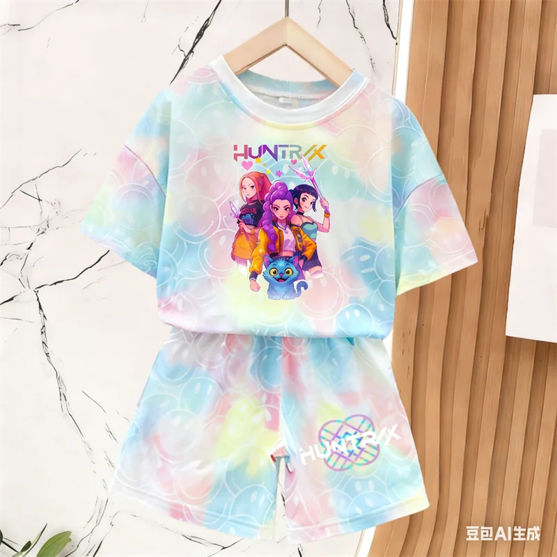 Nuevo Conjunto de Camiseta y Pantalones para Niñas, Ropa de Verano, Conjunto de Manga Corta con Estampado de Cara Sonriente, Conjunto de Camiseta y Pantalones Cortos para Niños