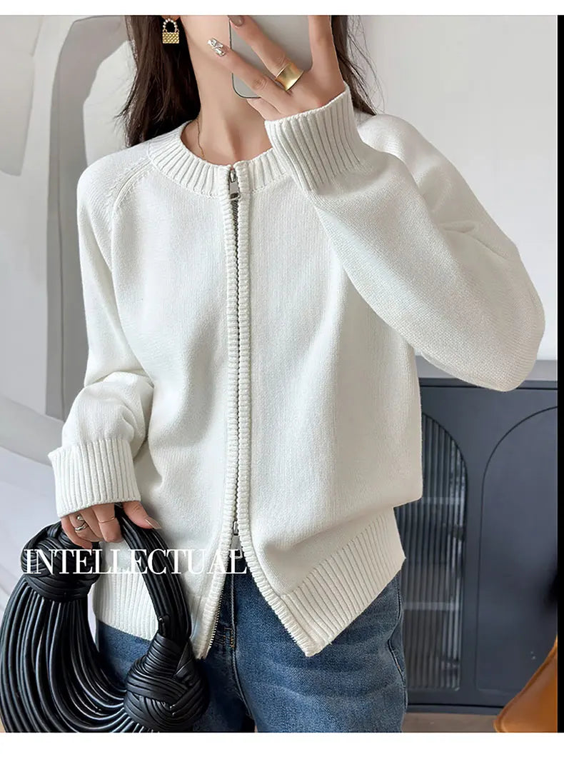 YTFidio 100% de algodón para mujer, cárdigan liso con cremallera gruesa y cuello redondo, ropa de diseñador de lujo, jersey para mujer, Tops femeninos 401