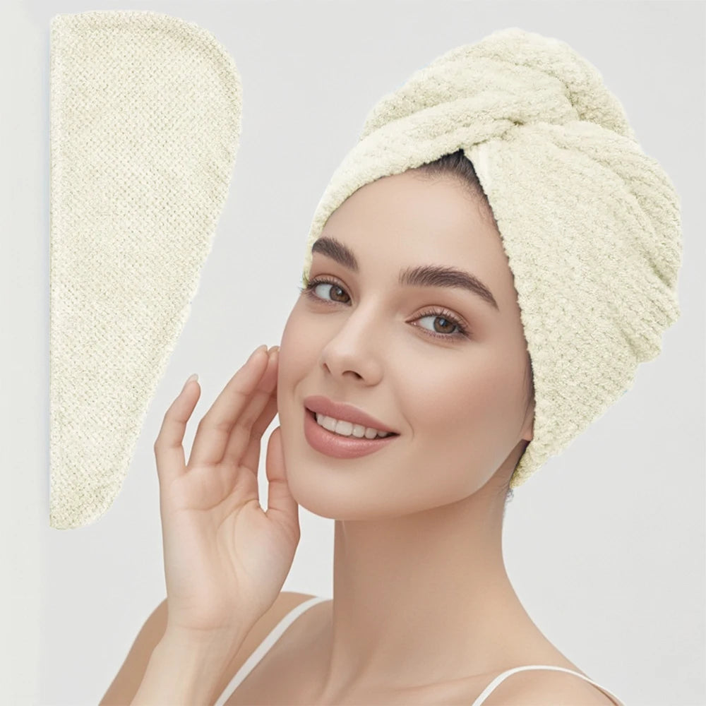 Toalla para el cabello de color sólido Gorro para el cabello seco texturizado 9,8 "X 25,5" toalla absorbente para el cabello para mujeres con botones