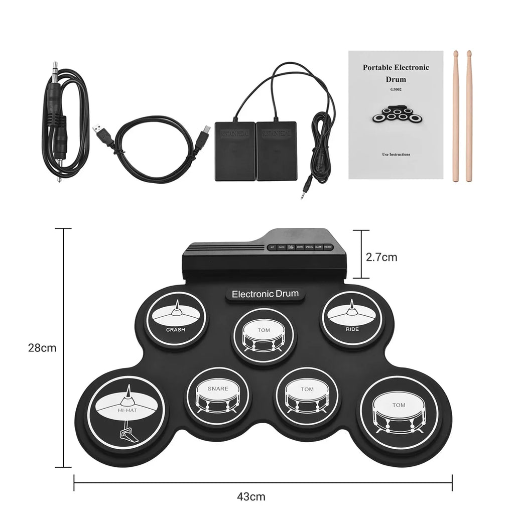 Rollo de mano de silicona plegable, tambor electrónico USB, Kit de almohadilla de práctica portátil con baquetas, Pedal de sostenido, novedad de 2022