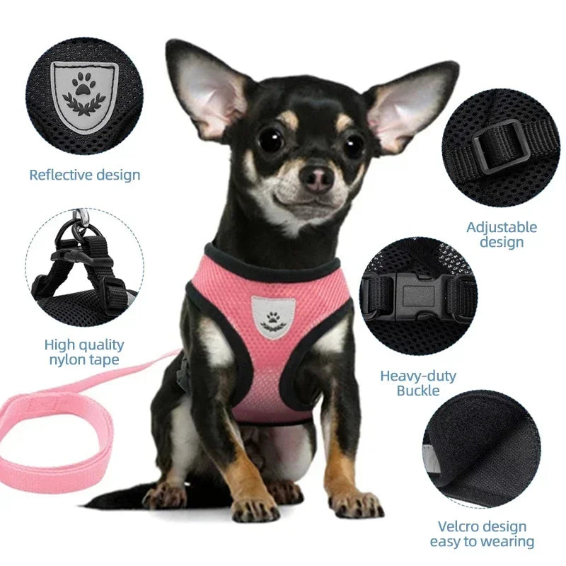 Arnés tipo chaleco para gatos, correa para pasear, collar para cachorros, arnés de malla ajustable de poliéster para perros pequeños y medianos, accesorios para mascotas