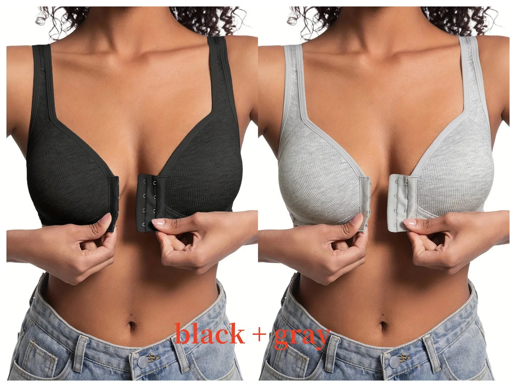 Sujetador de mujer sin aros con cierre frontal, color sólido, cobertura total, copas fijas, más consideradas para personas de mediana edad y mayores individuales