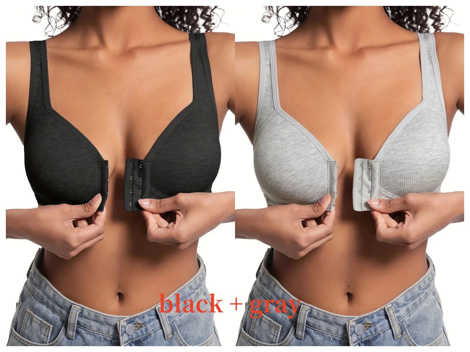 Sujetador de mujer sin aros con cierre frontal, color sólido, cobertura total, copas fijas, más consideradas para personas de mediana edad y mayores individuales