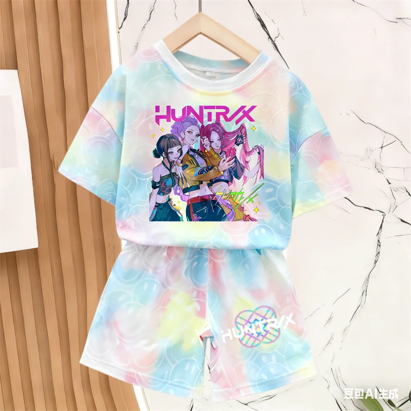 Nuevo Conjunto de Camiseta y Pantalones para Niñas, Ropa de Verano, Conjunto de Manga Corta con Estampado de Cara Sonriente, Conjunto de Camiseta y Pantalones Cortos para Niños