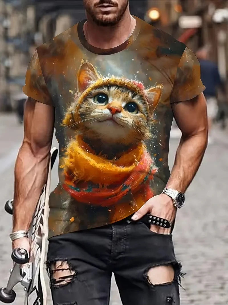 Camiseta con gráfico de gato divertido de verano para hombre, camisetas de manga corta con cuello redondo para ocio al aire libre, ropa holgada con estampado 3D para hombre, camisetas Harajuku
