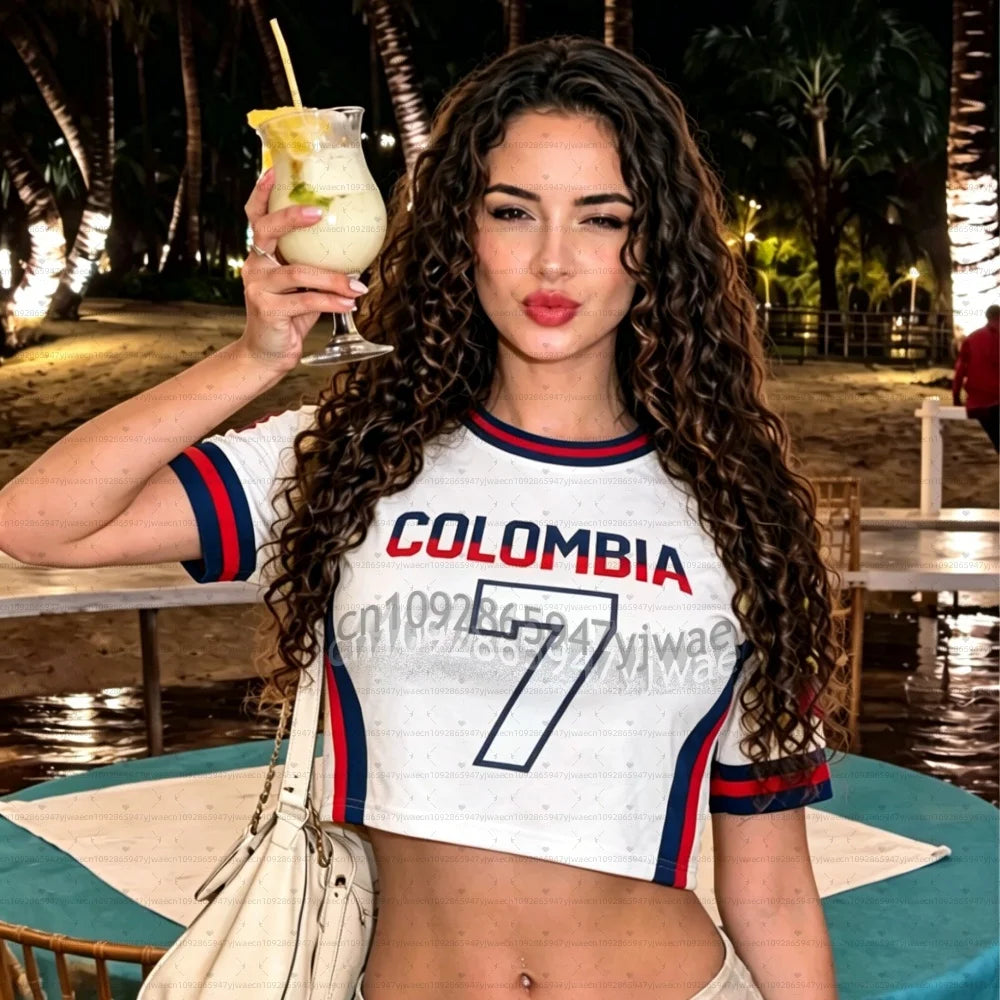 Uniformes de animadora para mujer, camiseta de fútbol, camiseta corta de fútbol de Colombia, camiseta informal de verano para fanáticas del fútbol