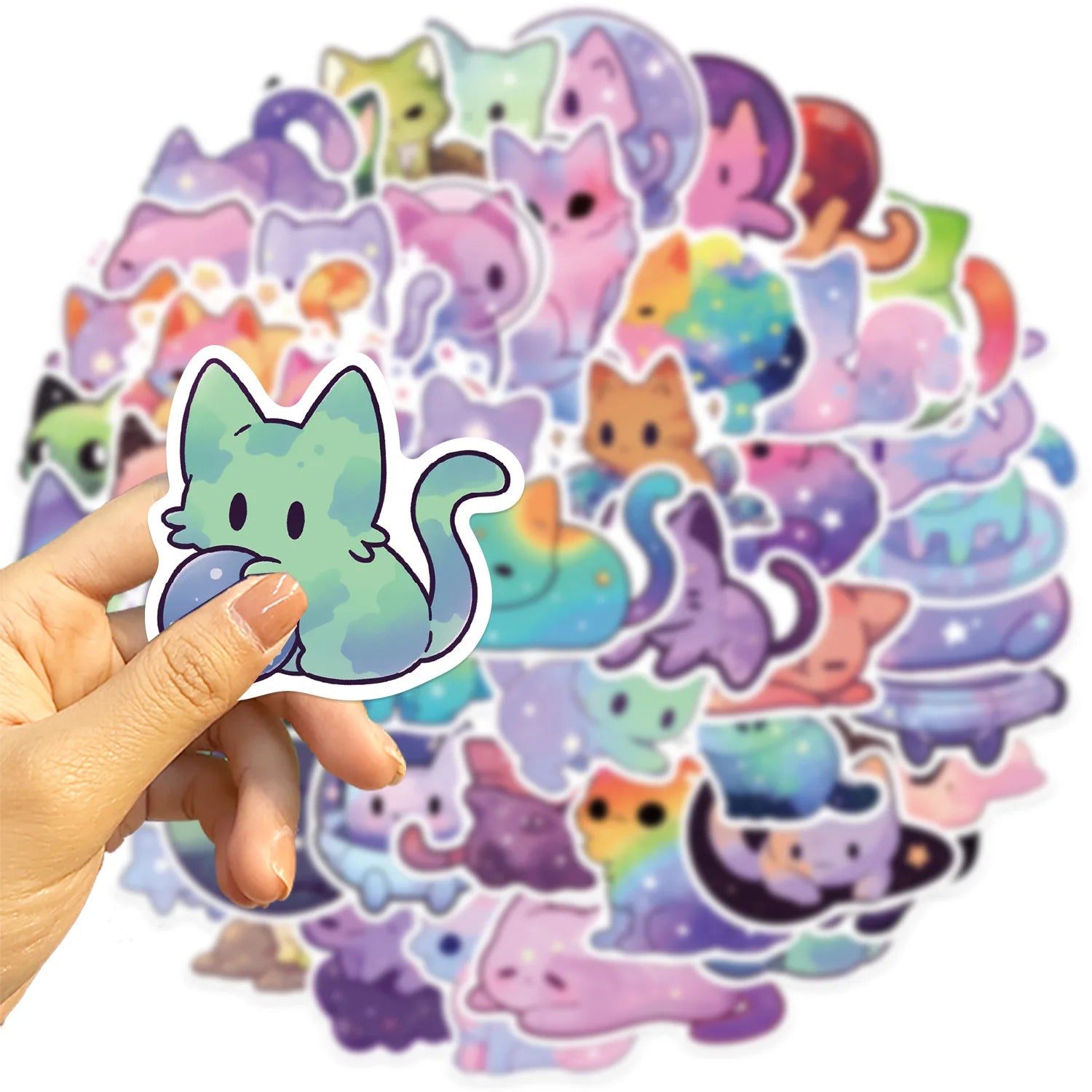 50 pegatinas de gato de cielo estrellado arcoíris de dibujos animados, pegatinas impermeables de gato estético lindo para botella de agua, computadora portátil, teléfono,