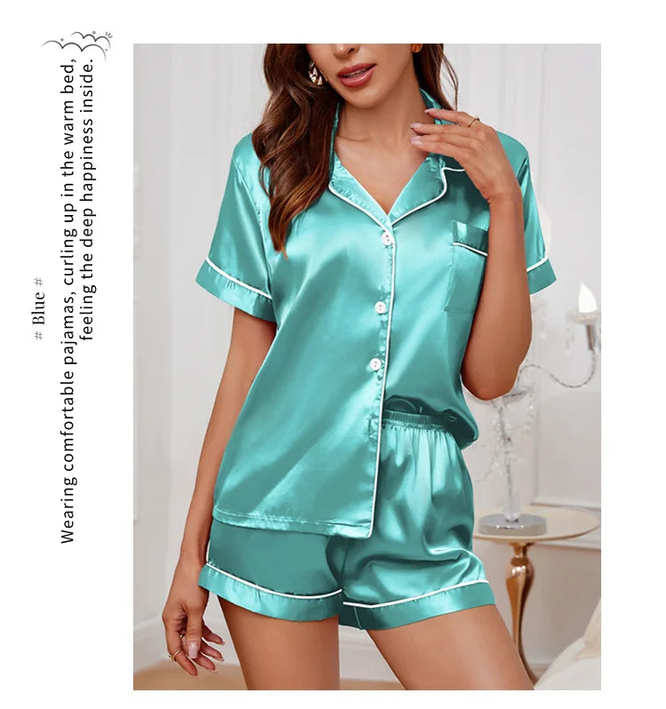 Conjunto de pijama de satén de seda para mujer, Top con botones y pantalones cortos, ropa de dormir con cuello con muescas, ropa de dormir de verano, 2 piezas