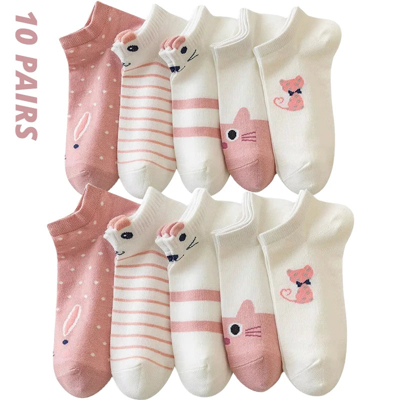 5/10/20 pares de calcetines de tubo corto para mujer, calcetines finos de gato rosa para las cuatro estaciones, bonitos calcetines de barco, calcetines bajos Ins a la moda