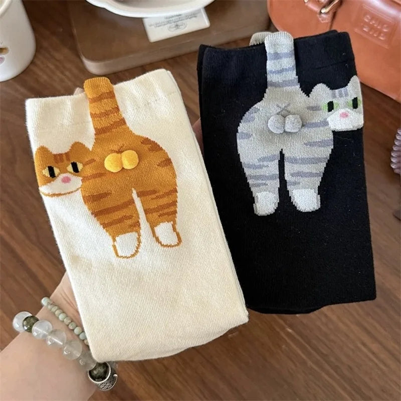 Calcetines Divertidos con Diseño de Gato, Negros/Blancos, Transpirables, Suaves, para Mujer, Novedad, Regalo Kawaii