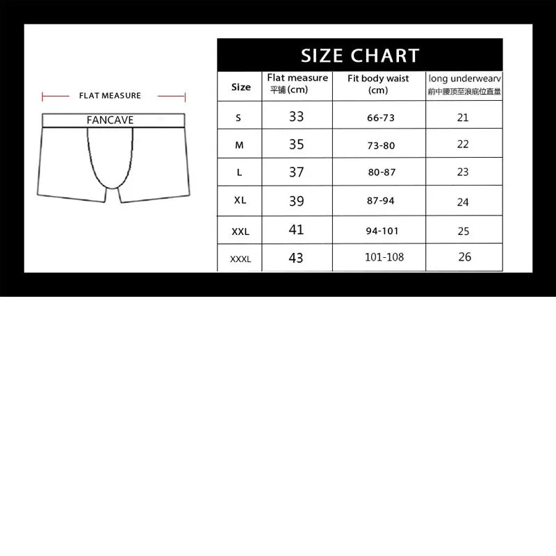 Tabla de tallas para calzoncillos convexos para hombre de FANCAVE, muestra medidas y ajuste de cintura.