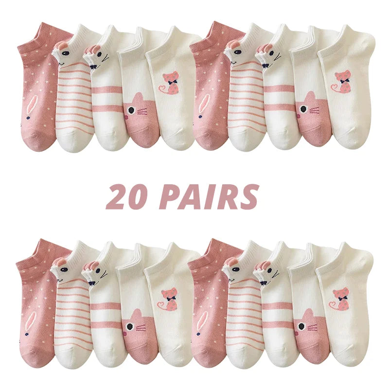 5/10/20 pares de calcetines de tubo corto para mujer, calcetines finos de gato rosa para las cuatro estaciones, bonitos calcetines de barco, calcetines bajos Ins a la moda