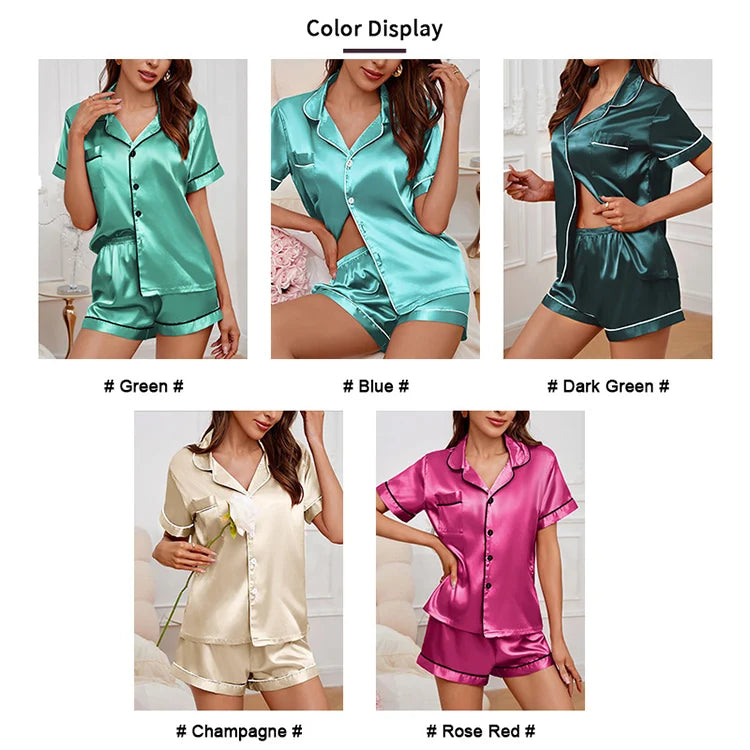 Conjunto de pijama de satén de seda para mujer, Top con botones y pantalones cortos, ropa de dormir con cuello con muescas, ropa de dormir de verano, 2 piezas