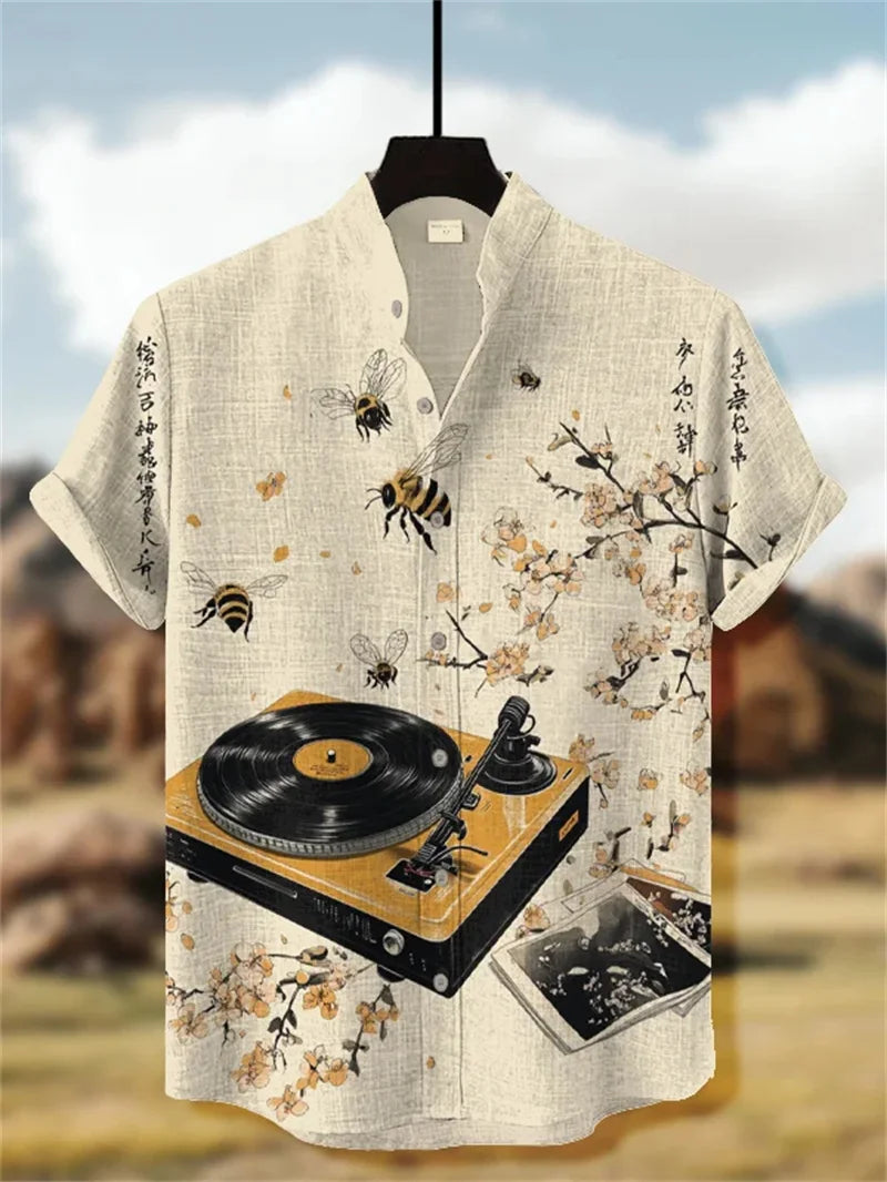 Novedad de verano para hombre, camisa de manga corta con estampado de gato artístico, camisa de manga corta de lino Vintage para hombre, Top informal
