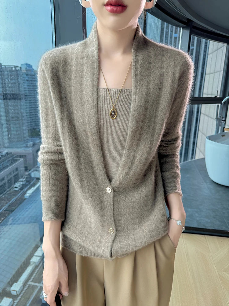 Cárdigan con cuello de bufanda para mujer, Tops, Otoño Invierno, nuevo suéter elegante de lana merina de 100%, suéter de lana elegante para mujer, blusa suave elegante