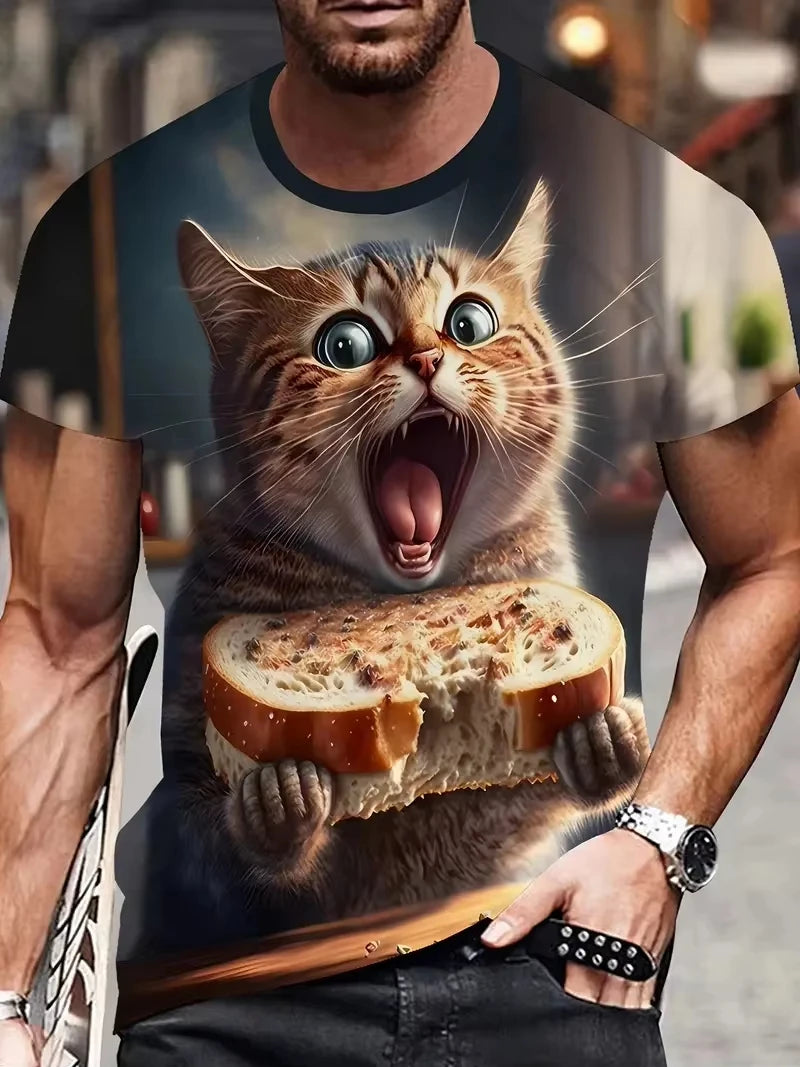 Camiseta con gráfico de gato divertido de verano para hombre, camisetas de manga corta con cuello redondo para ocio al aire libre, ropa holgada con estampado 3D para hombre, camisetas Harajuku