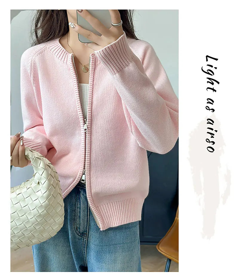 YTFidio 100% de algodón para mujer, cárdigan liso con cremallera gruesa y cuello redondo, ropa de diseñador de lujo, jersey para mujer, Tops femeninos 401