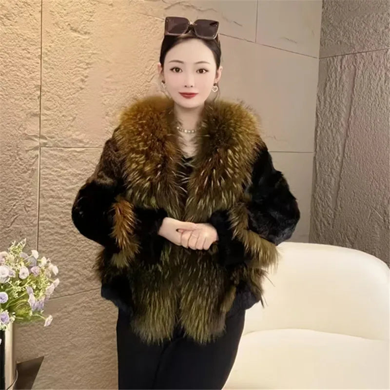 Abrigo de piel de conejo Rex auténtica para mujer, Chaqueta corta gruesa y cálida con cuello de piel de perro mapache, prendas de vestir exteriores cálidas elegantes para otoño e invierno