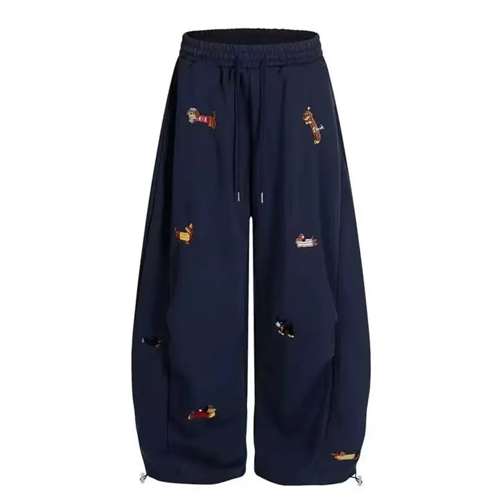 Pantalones de chándal holgados con bordado de perro salchicha, joggers casuales de pierna ancha, estilo streetwear para parejas, divertidos, a la moda y cómodos.