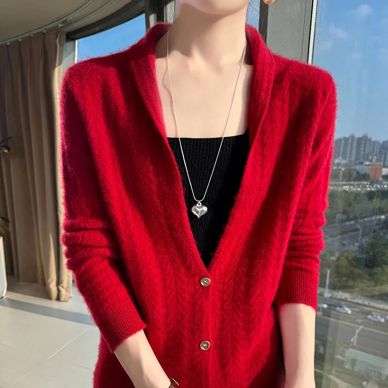 Cárdigan con cuello de bufanda para mujer, Tops, Otoño Invierno, nuevo suéter elegante de lana merina de 100%, suéter de lana elegante para mujer, blusa suave elegante
