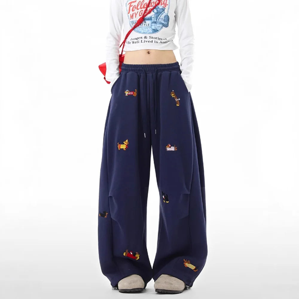 Pantalones de chándal holgados con bordado de perro salchicha, joggers casuales de pierna ancha, estilo streetwear para parejas, divertidos, a la moda y cómodos.