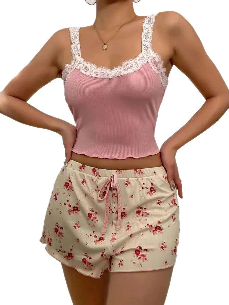Conjunto de Pijama Sexy de Dos Piezas para Mujer, Camisola de Verano con Estampado Floral y Ribetes de Encaje, y Pantalones Cortos con Lazo