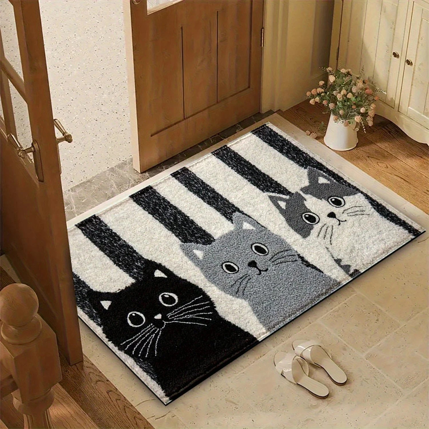 VIKAMA Alfombra de suelo de gato a rayas de dibujos animados, suave, antideslizante, para puerta de entrada, baño, interior, alfombra decorativa para el hogar 2025