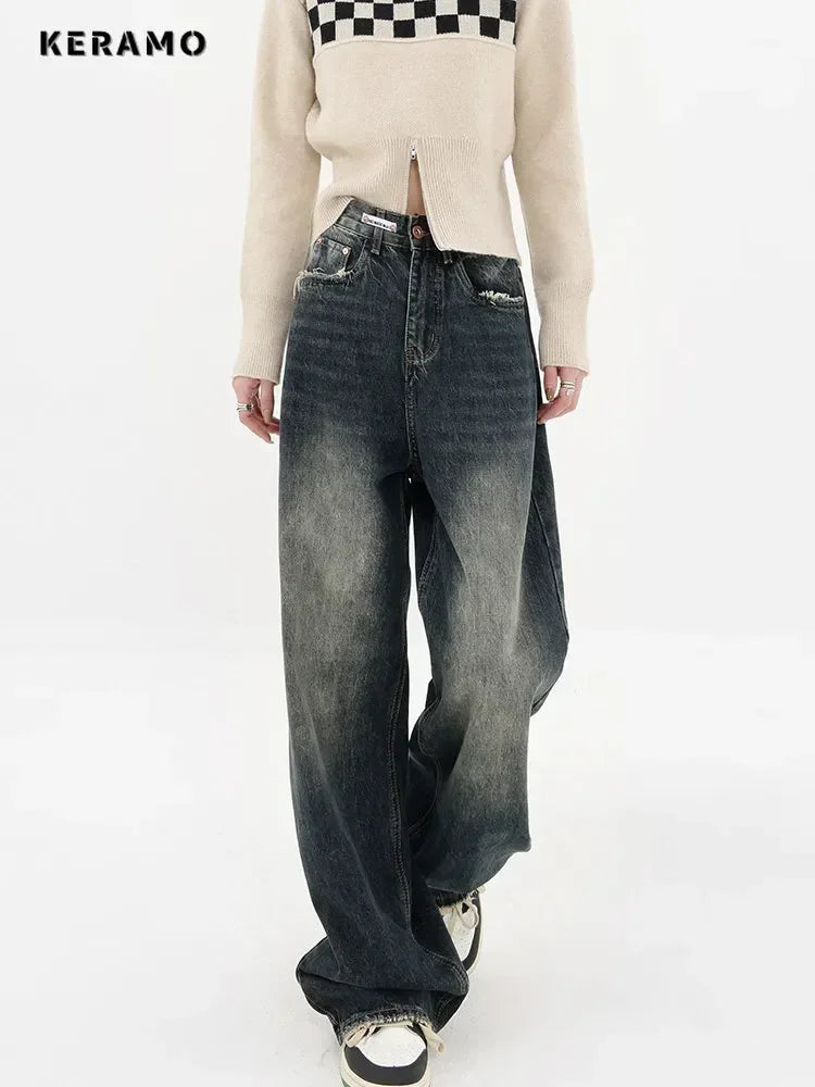 Ropa de calle Harajuku, moda Retro, pantalones vaqueros de cintura alta para mujer, pantalones vaqueros holgados rectos de pierna ancha Y2K, pantalones holgados