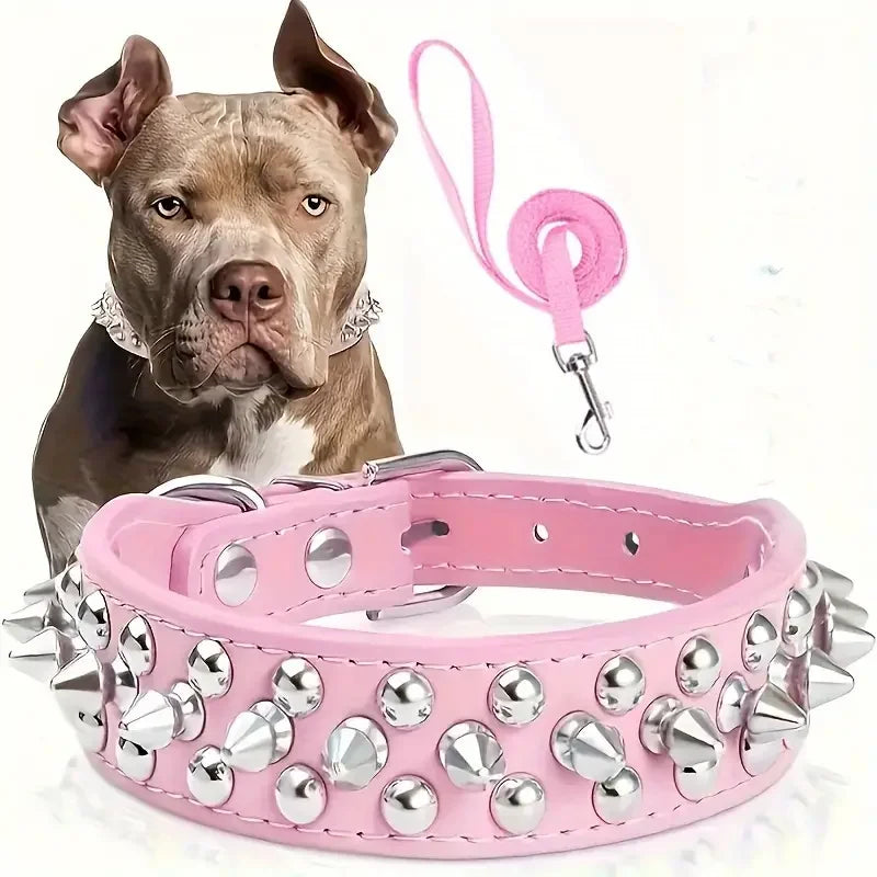 Juego de Collar y correa para perro con pinchos, Collar de perro de cuero con remaches, Collar ajustable para caminar al aire libre
