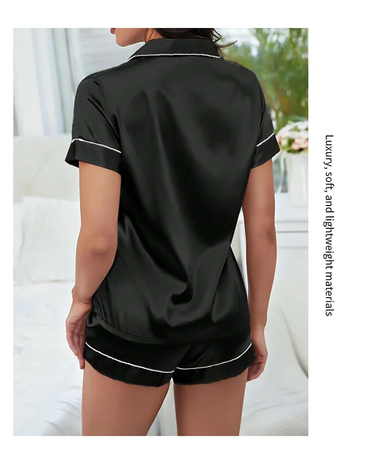 Conjunto de pijama de satén de seda para mujer, Top con botones y pantalones cortos, ropa de dormir con cuello con muescas, ropa de dormir de verano, 2 piezas