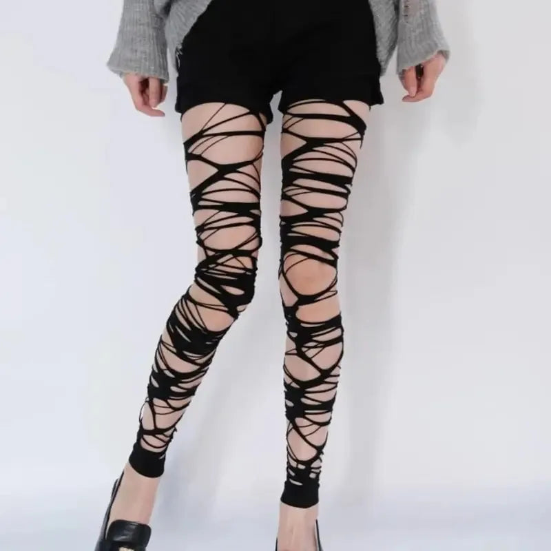 Medias de red rasgadas negras sexis para mujer, pantimedias de malla ajustadas con agujeros Punk gótico, mallas, estilo Emo, ropa de calle Egirl