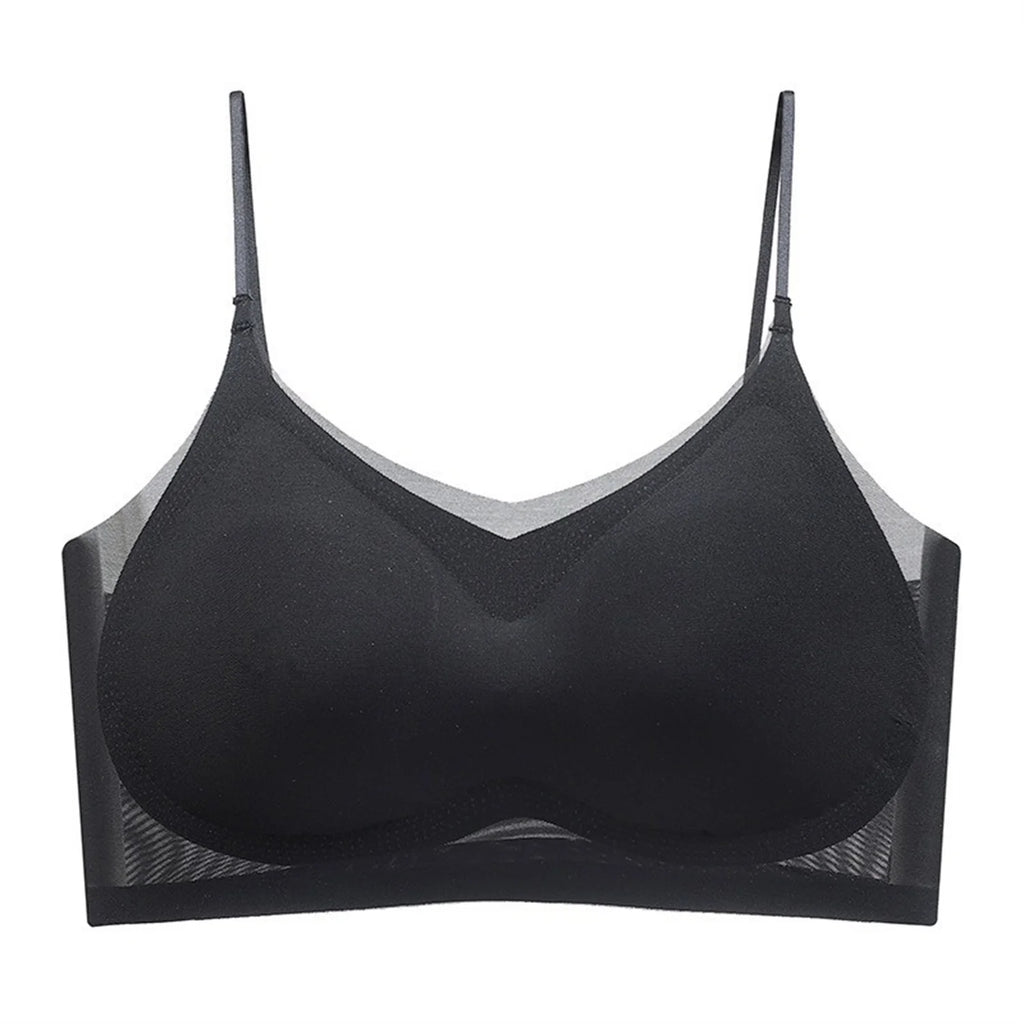Sujetador superior de seda de hielo transpirable ultrafino para mujer, chaleco Halter con espalda sin costuras, sujetador envolvente, pecho pequeño juntos