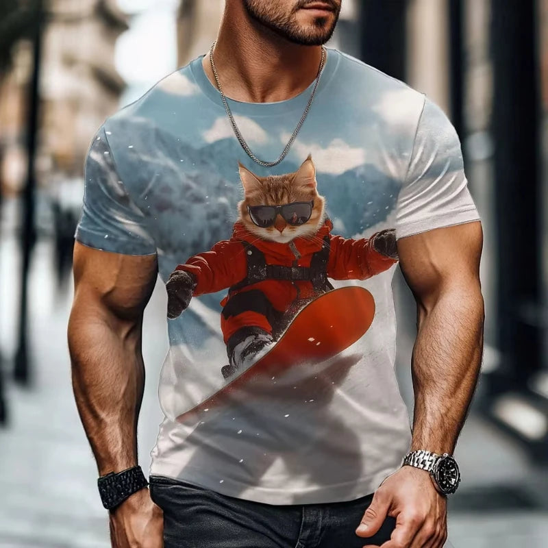 Camiseta con gráfico de gato divertido de verano para hombre, camisetas de manga corta con cuello redondo para ocio al aire libre, ropa holgada con estampado 3D para hombre, camisetas Harajuku