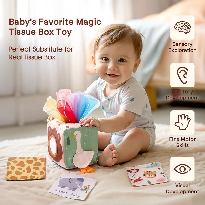 Juguete Montessori para bebé, caja de pañuelos mágicos de algodón, juego de mesa ocupado para ejercicio de los dedos, juguete educativo, juego de sonajero suave, libro de tela, regalo