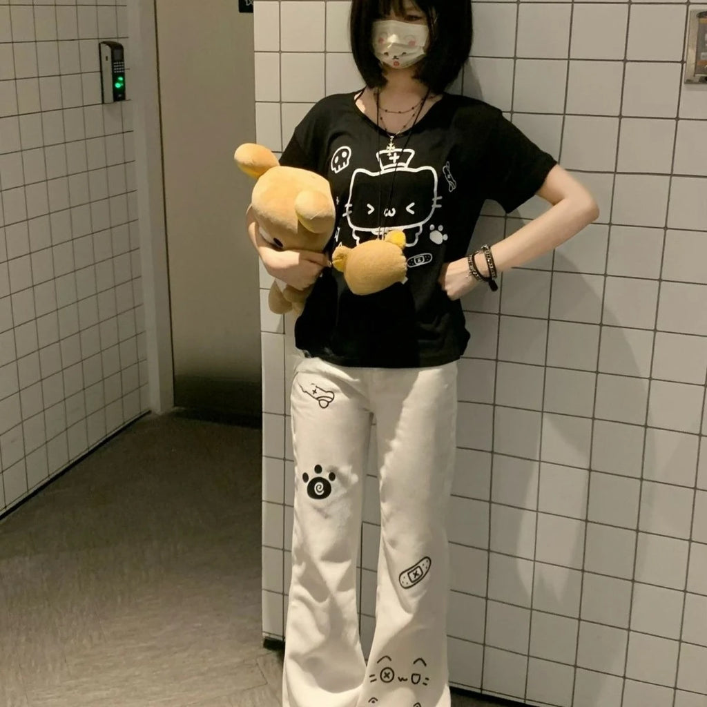 Pantalones largos japoneses Kawaii para mujer, pantalones informales con patrón de gato de dibujos animados Y2K, pantalones deportivos de otoño con subcultura Harajuku dulce