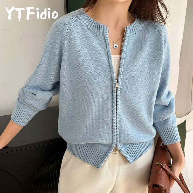 YTFidio 100% de algodón para mujer, cárdigan liso con cremallera gruesa y cuello redondo, ropa de diseñador de lujo, jersey para mujer, Tops femeninos 401