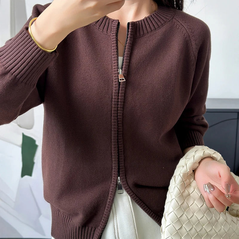 YTFidio 100% de algodón para mujer, cárdigan liso con cremallera gruesa y cuello redondo, ropa de diseñador de lujo, jersey para mujer, Tops femeninos 401